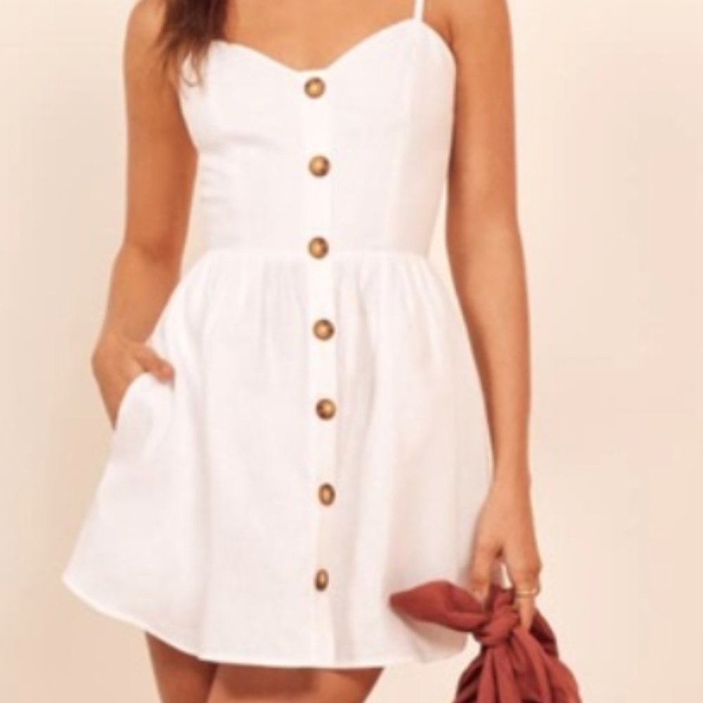 REFORMATION WHITE LINEN BUTTON VELMA DRESS